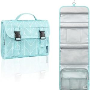 PAVILIA Travel Hanging Toiletry Bag for Women Men, Large Capacity Makeup Bag Kit, Waterproof Cosmetic Storage Organizer Case for Bathroom Shower, Teal Chevron
