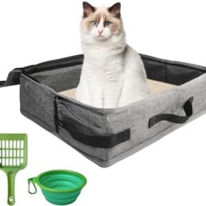 Portable Cat Travel Litter Box with Lid, No Smell, Leak-Proof Collapsible Travel Litter Box Set for Cat, Easy to Carry, Easy to Use in Hotels and Car (M,Gray)