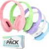 Sonitum Kids Headphones for School Bulk Set 5-Pack On-Ear, 3.5mm, Wired Headphones for Schools & Libraries – Adjustable, Cushioned Headphones (Mixed Colors)