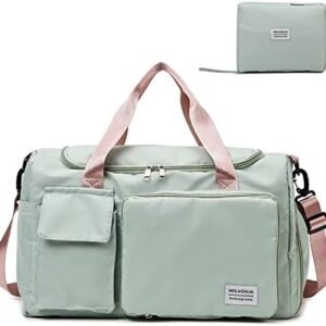 Travel Bag, Large Capacity Folding, Sports Gym with Wet Pocket & Shoes Compartment, Foldable Duffel, Weekender Overnight for Women and Man (Green)