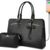 MATEIN Laptop Tote Bag for Women, Large Waterproof PU Leather Work Briefcase with USB Charging Port Casual Computer Shoulder Bag Messenger fits 15.6 Inch, Business Handbag Satchel Purse 2pcs Set,Black