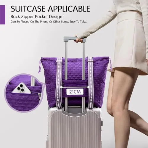 FIORETTO Womens Quilted Travel Tote Bag Duffle Bag with Trolley Sleeve, Gym Weekender Overnight Hospital Bag with Double Shoulder Strap, Water-Resistant Carry On Hand luggage Bag Holdall Purple - Image 6