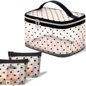 MHDGG Heart Print Mesh Makeup Bags,1Pcs Mesh Cosmetic Bags and 2Pcs Mini Mesh Makeup Bags for Women Mini Zipper Mesh Bags Portable Travel Organizing Purse Makeup Pouches Bags Travel Accessories,Black