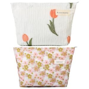 2 Pieces Makeup Bag Large Floral Cosmetic Bag Pink White Capacity Canvas Travel Toiletry Bag Organizer Cute Makeup Brushes Aesthetic Accessories Storage Bag for Women