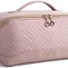 BAGSMART Travel Makeup Bag - Water-Resistant Portable Cosmetic Pouch, Flat Open Organizer for Toiletries and Brushes, Pink