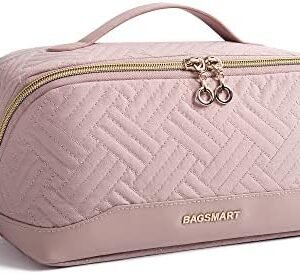 BAGSMART Travel Makeup Bag - Water-Resistant Portable Cosmetic Pouch, Flat Open Organizer for Toiletries and Brushes, Pink