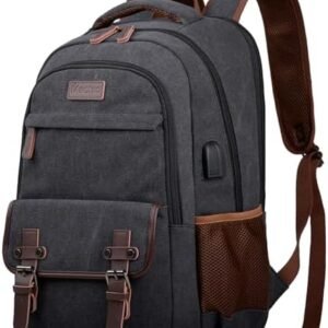 Canvas Travel Laptop Backpack for Men Women, Business Work Rucksack College School Computer Bag Fits 15.6 Inch Notebook,Bookbag with USB Charging Port (Black)