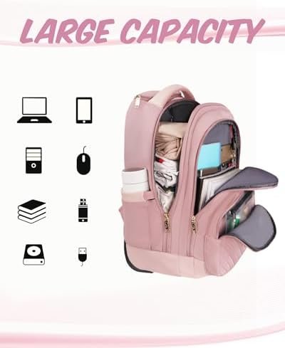 MATEIN Rolling Backpack for Women, 17 Inch Travel Laptop Backpacks with Wheels, Large Carry On Business Luggage Roller Backpack, Waterproof Trolley Suitcase Overnight College Work Computer Bag, Pink - Image 3