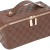 TUTUDECOR Large Capacity Travel Makeup Bag, Spacious Cosmetic Bags for Women, Portable Pouch Open Flat Make up Organizer, Waterproof Leather Toiletry Bag, Checkered-Brown