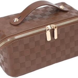 TUTUDECOR Large Capacity Travel Makeup Bag, Spacious Cosmetic Bags for Women, Portable Pouch Open Flat Make up Organizer, Waterproof Leather Toiletry Bag, Checkered-Brown