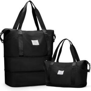 Expandable Travel Duffle Bag for Women Men, Large Gym Bag Travel Tote Bags, Waterproof Carry On Personal Item Bag Airline Approved, Workout Weekender Bag for Overnight Trips with Luggage Sleeve, Black