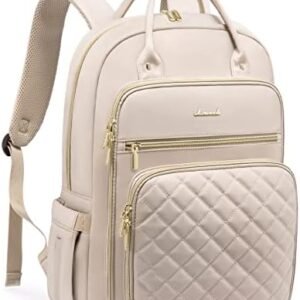 LOVEVOOK Laptop Backpack for Women, 15.6 Inch Computer Backpack for Teacher Nurse with Water Resistant, Lightweight Travel Work Backpack with USB Charging Port, Quilted Commuter Backpack purse, Beige