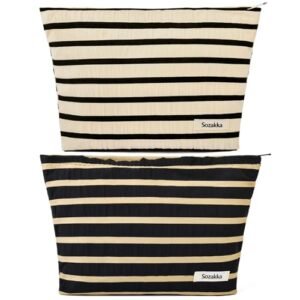 2 Pieces Makeup Bag Large Stripe Cosmetic Bag Black White Capacity Canvas Travel Toiletry Bag Organizer Cute Makeup Brushes Aesthetic Accessories Storage Bag for Women
