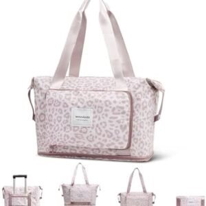 WOOMADA Foldable Travel Duffel Bag, Weekender Bags for Women, Tote Bag with Expandable Space, Carry on bags for airplanes with Wet Pocket & Trolley Sleeve, Gym Bag for Women (pink leopard)