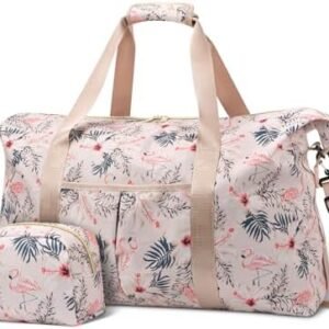 Tuwubi Travel Duffle Bag, Gym Bag for Women, Weekender Bag, Tote Bag, 45L Travel Duffel Bags with Small Pouch - Flamingo