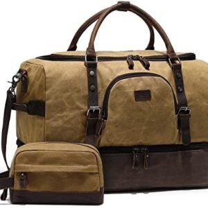 Nerlion Weekender Bag with Shoe Compartment Large Overnight Bag for Men Canvas Genuine Leather Carry on Luggage Bag Travel Duffel Bag(Brown)