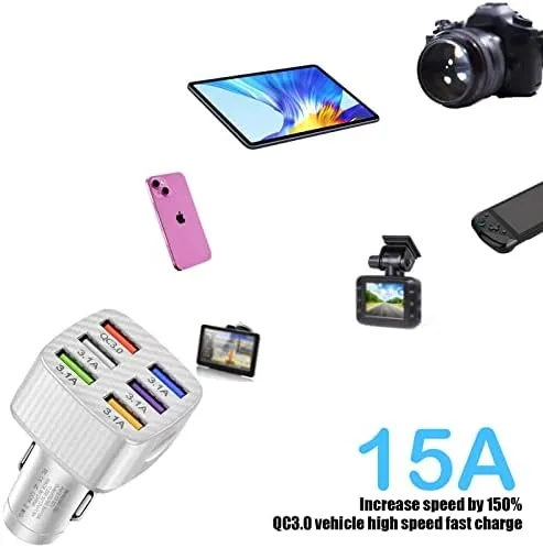 Ajxn Pack-1 Car Charger Adapter, 6 USB Multi Port Fast Charger, QC3.0 USB Fast Charger, Universal for Most Cell Phones, iPhone (White) - Image 4