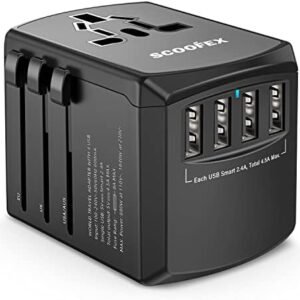 Universal Travel Adapter, SCOOFEX International Plug Adapter with 4 USB Ports（2.4A）, AC Outlet Worldwide Wall Power Charger Converters for USA EU Europe UK AUS (Type C/G/A/I)