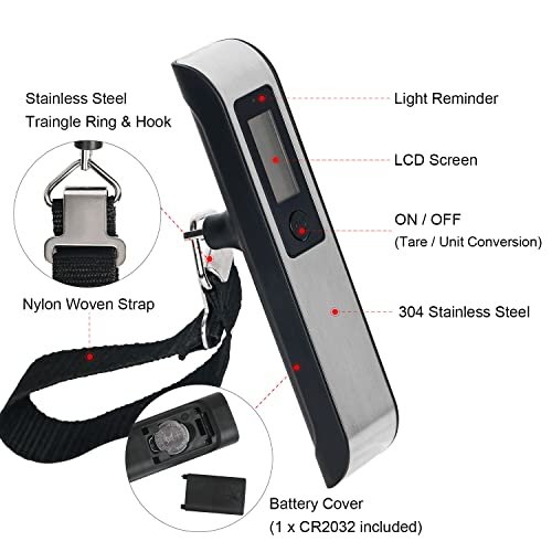 Travel Inspira Luggage Scale,Digital Luggage Scales,Baggage Scale with Overweight Alert LCD Display 110LB / 50KG (Stainless Steel, Black) - Image 5