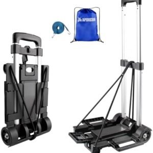 Folding Hand Truck, Expandable Light Weight Luggage Cart with 2 Wheels, Free Bungee Cord and Storage Bag, Aluminium Foldable Trolley for Travel, Shopping，Moving, Office