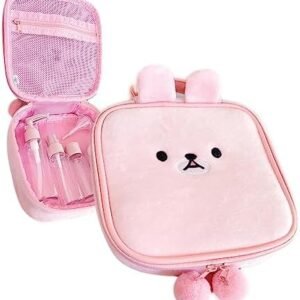 na1 Cute Kawaii Plush Makeup/Cosmetic Bag With Inner Pocket and Handle and Zipper Closure for Convenient Travel and Portability, Soft Velvet Texture, For Women and Girls (Pink Bunny)