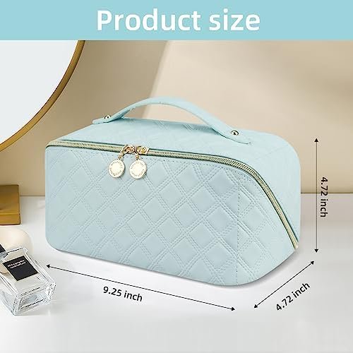Ineowelly Makeup Bag, Large Capacity Travel Cosmetic Bag for Women, PU Leather Makeup Travel Bag Waterproof, Multifunctional Toiletry Bag with Portable Handle & Layered (Light-Blue) - Image 4