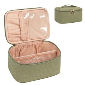 OCHEAL Makeup Bag, Portable Cosmetic Bag, Large Capacity Travel Makeup Case Organizer, Makeup Bags For Women Toiletry Bag for Girls Traveling With Handle and Divider-Green Braided