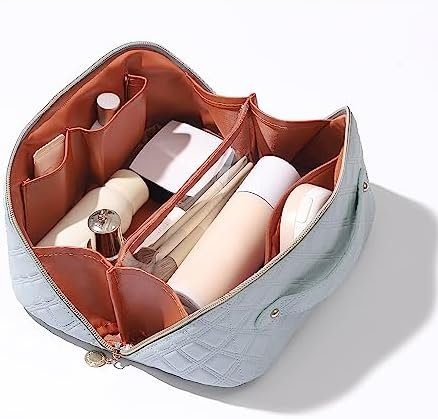 Ineowelly Makeup Bag, Large Capacity Travel Cosmetic Bag for Women, PU Leather Makeup Travel Bag Waterproof, Multifunctional Toiletry Bag with Portable Handle & Layered (Light-Blue) - Image 2