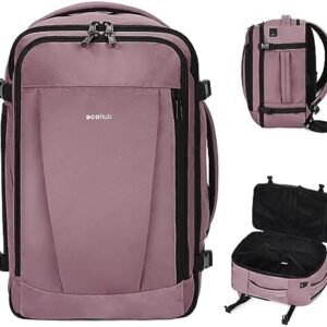 ECOHUB Travel Backpack 16'' Personal Item Backpack with 13 Pockets Carry on Bags for Airplanes Travel bags for Women Men Airlines Approved Small Backpack with USB Port Casual Daypack Pink
