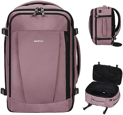 ECOHUB Travel Backpack 16'' Personal Item Backpack with 13 Pockets Carry on Bags for Airplanes Travel bags for Women Men Airlines Approved Small Backpack with USB Port Casual Daypack Pink