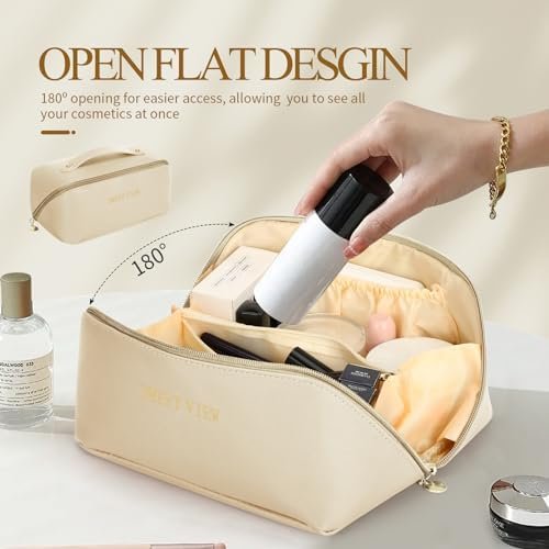 SWEET VIEW Makeup Bag, Large Capacity travel cosmetic bags, Waterproof Leather Flat Lay Toiletry Bag, Make up Organizer with Divider and Handle (Beige) - Image 3