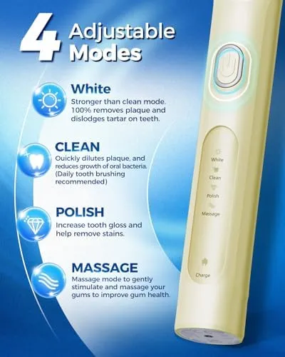 Rotating Electric Toothbrush for Adults with 8 Brush Heads (2 Types), 4 Modes Deep Clean Electric Toothbrush with Rechargeable Power and 2 Min Smart Timer, Fast Charge (Yellow) - Image 5