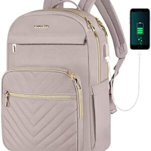 VANKEAN 15.6 Inch Laptop Backpack for Women Work Bag Fashion with USB Port, Waterproof Stylish Travel Bags Casual Daypacks for College, Business, Light Dusty Pink