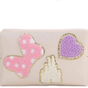 Preppy Patch Small Toiletry Bag, Cartoon Leather Makeup Bag with Double Zipper, Gift for Women and Teenage Girls for Disney World Essentials