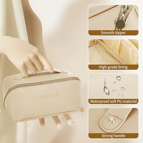 SWEET VIEW Makeup Bag, Large Capacity travel cosmetic bags, Waterproof Leather Flat Lay Toiletry Bag, Make up Organizer with Divider and Handle (Beige) - Image 5