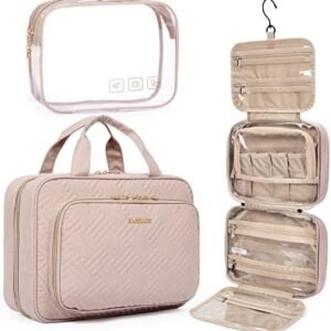 BAGSMART Toiletry Bag Hanging Travel Makeup Organizer with TSA Approved Transparent Cosmetic Bag Makeup Bag for Full Sized Toiletries, Medium-Pink