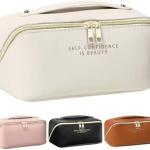 DOFOWORK Makeup Bag - Make up Bag for Women, Travel Makeup Bag with Divider and Handle, Washable Waterproof Comestic Bag PU Leather, Open Flat - White