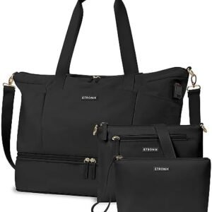 ETRONIK Expandable Travel Bag for Women, Weekender Bag with USB Charging Port, Duffel Bag with Shoe Compartment and Wet Pocket, Carry On Tote Bag for Women Travel Airplanes 3Pcs Set, Black