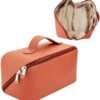 Amorebelle Large Capacity Travel Makeup Bag, PU Leather Waterproof Cosmetic Bag, Portable Pouch with Handle Open Flat Toiletry Bag for Easy Access Makeup Storage Brush for Women(Brown)