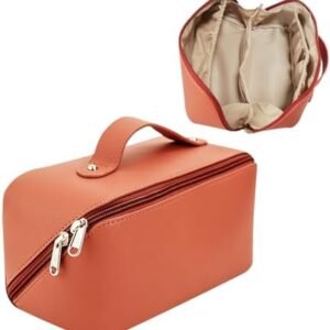 Amorebelle Large Capacity Travel Makeup Bag, PU Leather Waterproof Cosmetic Bag, Portable Pouch with Handle Open Flat Toiletry Bag for Easy Access Makeup Storage Brush for Women(Brown)