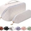 Abiudeng 2 piece Travel Makeup Bag,Large Capacity Cosmetic Bags Toiletry Bag for Travel Essentials,Waterproof Portable Pouch Open Flat Makeup bag Organizer with Divider and Handle(White Grid)
