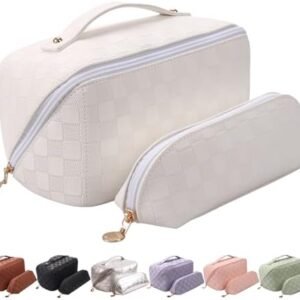 Abiudeng 2 piece Travel Makeup Bag,Large Capacity Cosmetic Bags Toiletry Bag for Travel Essentials,Waterproof Portable Pouch Open Flat Makeup bag Organizer with Divider and Handle(White Grid)
