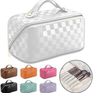 GUZINC Travel Makeup Bag for Women, Portable Checkered Cosmetic Bag organizer, Water-resistant PU Leather Travel toiletry bag for Travel, Gifts, and Daily Use(White)