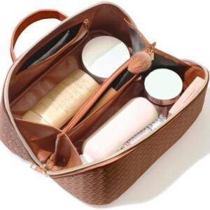 OTTOLTIL 2023 New Travel Makeup Bag, Large Capacity Cosmetic Bag, Portable PU Leather Waterproof Travel Makeup Bag for Women, with Handle and Divider Flat Lay Makeup Organizer Bags(Brown)
