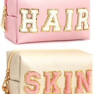 Vorey 2PCS Preppy Makeup Bag for Women Travel Toiletry Bag Chenille Letter Cosmetic Bag PU Leather Waterproof Pouch Cute Zipper Organizer, Skin and Hair