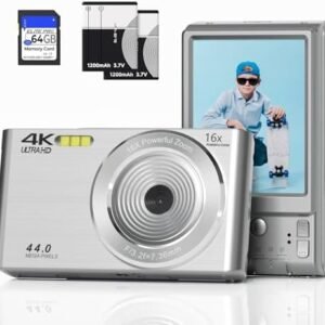 Digital Camera FHD 4K 44MP with 64GB SD Card 16X Digital Zoom Auto Focus FHD 1080p Compact Portable Cheap Small Vintage Camera Children's Day Gifts for Teens Boys Girls (Silver)