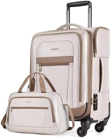 BAGSMART Carry-On Luggage Airline Approved, 20 inch Expandable Suitcase with Duffel bag, Softside Lightweight Suitcases with Spinner Wheels, Durable Travel Luggage, Carry-On light tan