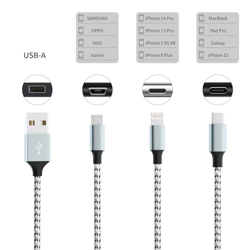Multi Charging Cable(2Pack 4FT), Nylon Braided 3 in 1 Universal Phone Charger Fast Charging with Type-C/Micro USB and IP Port, Compatible with Most Cell Phones - Image 2