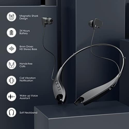 Neckband Bluetooth Headphones, Around The Neck Headphones 24H+ Playtime, Bluetooth Headsets with Call Vibration, Shark Jaw Design Wireless Earbuds+Noise Isolation/Built-in Mic/IPX7 Waterproof - Image 9