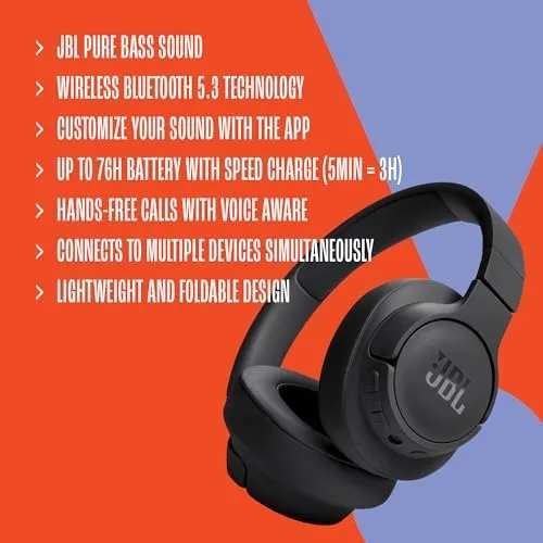 JBL Tune 720BT - Wireless Over-Ear Headphones Pure Bass Sound, Bluetooth 5.3, Up to 76H Battery Life and Speed Charge, Lightweight, Comfortable and Foldable Design (Black) - Image 6